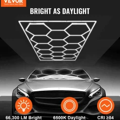 VEVOR Hexagon Garage Lights, 66300LM, 6500K 15 Grid Systems Honeycomb Hexagonal Garage LED Lights, DIY Cool White Car Detailing Garage Ceiling Lighting Bright Shop Light for Gym Basement Workshop