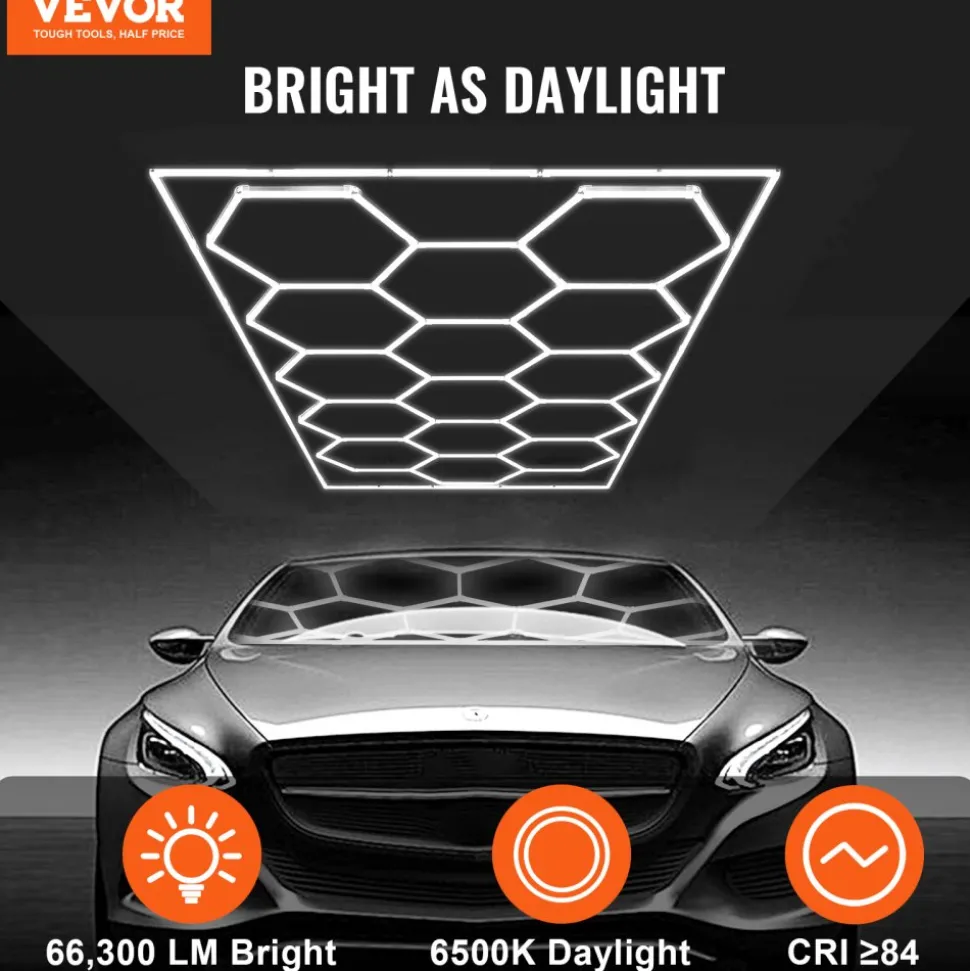 VEVOR Hexagon Garage Lights, 66300LM, 6500K 15 Grid Systems Honeycomb Hexagonal Garage LED Lights, DIY Cool White Car Detailing Garage Ceiling Lighting Bright Shop Light for Gym Basement Workshop