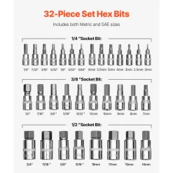 VEVOR Hex Bit Socket Set, 32-Piece, S2 Alloy Steel and Cr-V Steel, Standard SAE and Metric, 1/4 in, 3/8 in, and 1/2 in Drives, with Enhanced Storage Case, Allen Socket Set for Mechanics, Auto Repair