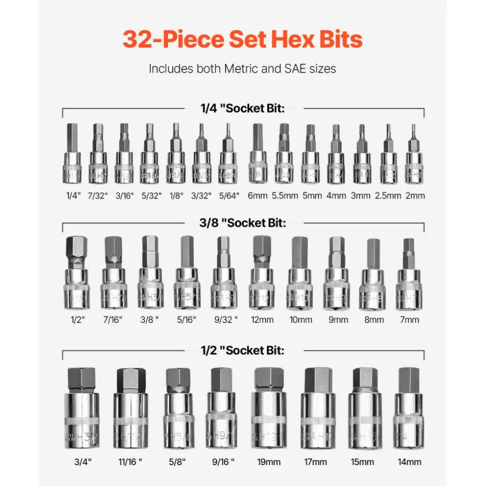 VEVOR Hex Bit Socket Set, 32-Piece, S2 Alloy Steel and Cr-V Steel, Standard SAE and Metric, 1/4 in, 3/8 in, and 1/2 in Drives, with Enhanced Storage Case, Allen Socket Set for Mechanics, Auto Repair