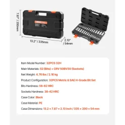 VEVOR Hex Bit Socket Set, 32-Piece, S2 Alloy Steel and Cr-V Steel, Standard SAE and Metric, 1/4 in, 3/8 in, and 1/2 in Drives, with Enhanced Storage Case, Allen Socket Set for Mechanics, Auto Repair