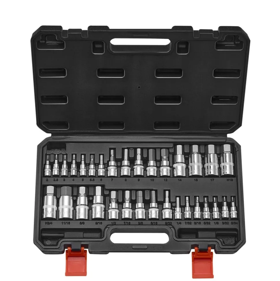 VEVOR Hex Bit Socket Set, 32-Piece, S2 Alloy Steel and Cr-V Steel, Standard SAE and Metric, 1/4 in, 3/8 in, and 1/2 in Drives, with Enhanced Storage Case, Allen Socket Set for Mechanics, Auto Repair