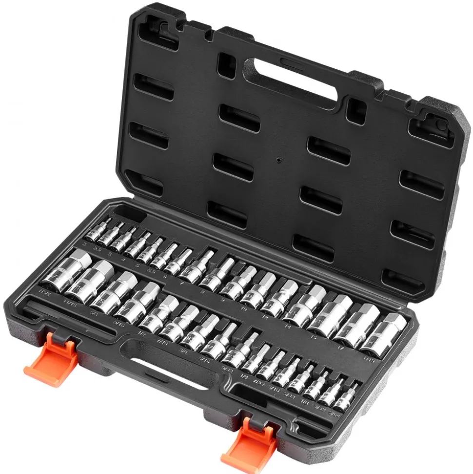VEVOR Hex Bit Socket Set, 32-Piece, S2 Alloy Steel and Cr-V Steel, Standard SAE and Metric, 1/4 in, 3/8 in, and 1/2 in Drives, with Enhanced Storage Case, Allen Socket Set for Mechanics, Auto Repair