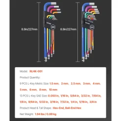 VEVOR Hex Key Allen Wrench Set, 22 pcs SAE (0.050-3/8 in) and Metric (1.5-10 mm), Color Coding Allen Wrenches Sets with Ball End, Long Arm L-Shaped Hex Key for Bicycle, Household, Automobile Repair