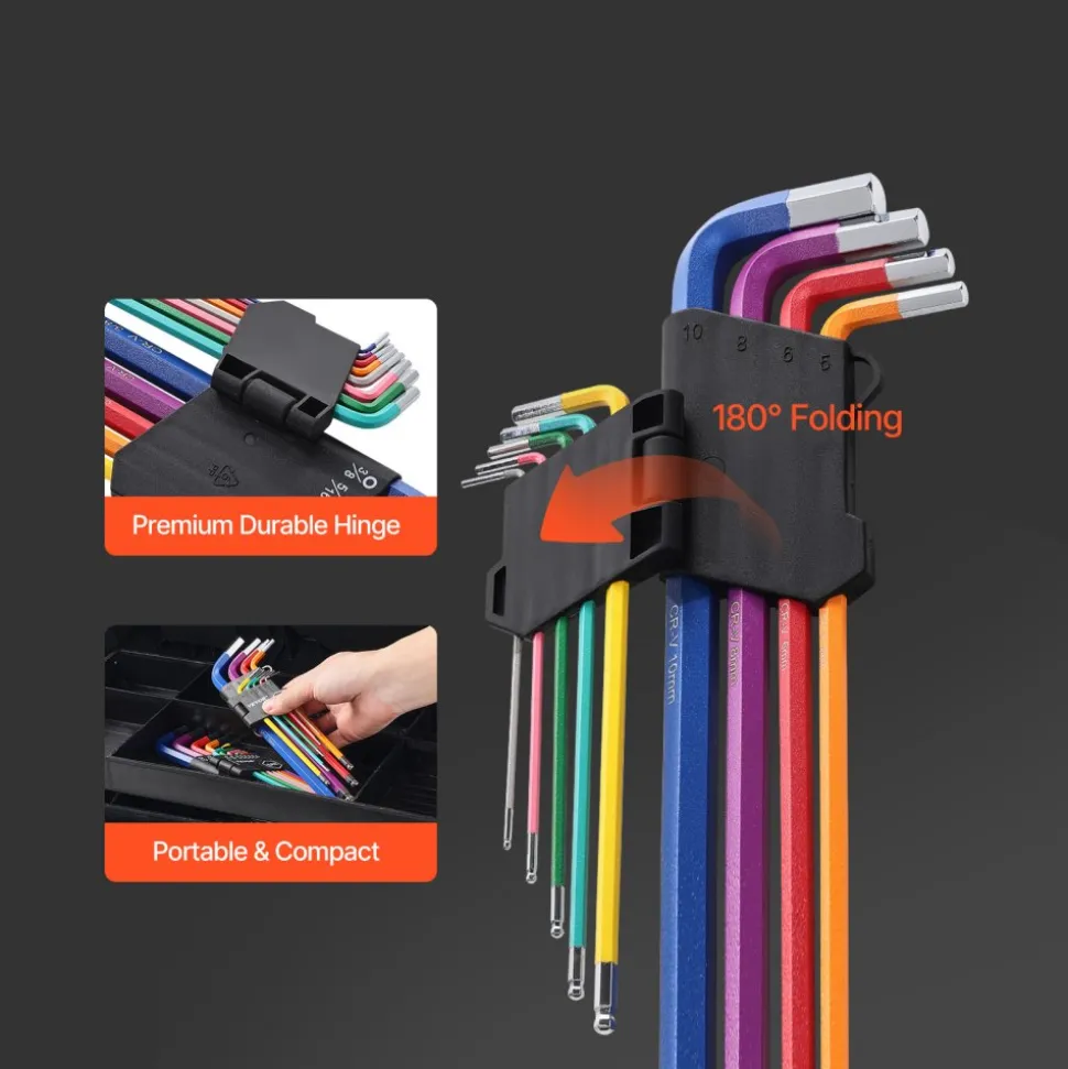 VEVOR Hex Key Allen Wrench Set, 22 pcs SAE (0.050-3/8 in) and Metric (1.5-10 mm), Color Coding Allen Wrenches Sets with Ball End, Long Arm L-Shaped Hex Key for Bicycle, Household, Automobile Repair