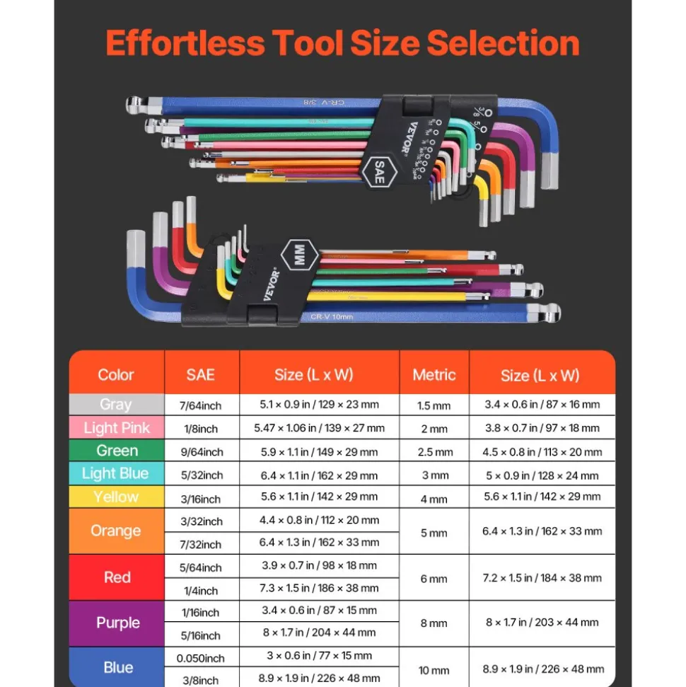 VEVOR Hex Key Allen Wrench Set, 22 pcs SAE (0.050-3/8 in) and Metric (1.5-10 mm), Color Coding Allen Wrenches Sets with Ball End, Long Arm L-Shaped Hex Key for Bicycle, Household, Automobile Repair
