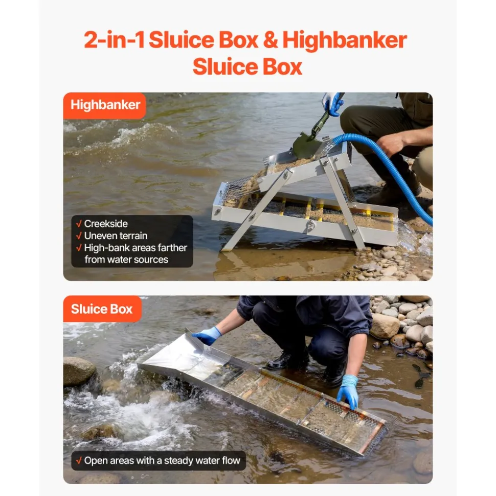 VEVOR High Banker Gold Sluice, 50" 2-in-1 Folding Highbanker Sluice Box, Aluminum Alloy, Portable Mining Equipment with Drawstring Backpack and Gloves, for Gold Prospecting in Creek, High Bank, River
