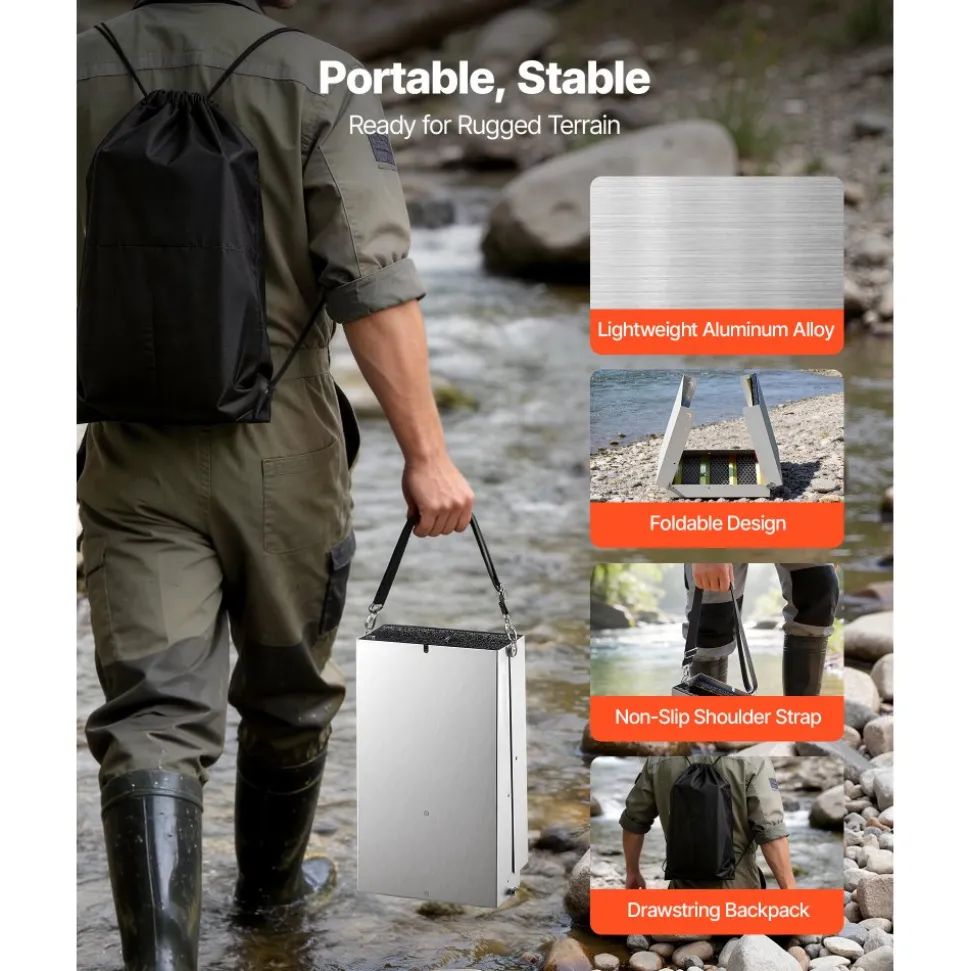 VEVOR High Banker Gold Sluice, 50" 2-in-1 Folding Highbanker Sluice Box, Aluminum Alloy, Portable Mining Equipment with Drawstring Backpack and Gloves, for Gold Prospecting in Creek, High Bank, River