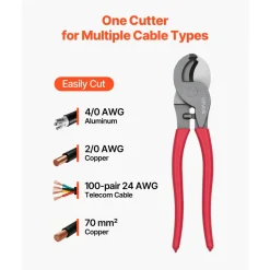 VEVOR High Leverage Cable Cutter, 9-1/4 in Compact, Forged Blades and PVC-Coated Handles, Heavy Duty Cable Cutting Pliers Tool for 4/0 AWG Aluminum, 2/0 AWG Soft Copper and 100-Pair 24AWG Comm Cables