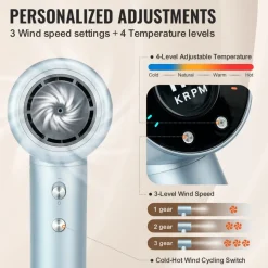 VEVOR High-Speed Hair Dryer with 105,000RPM Brushless Motor, 200 Million Negative Ions Hair Blow Dryer, 4 Temps & 3 Speeds, LCD Display Thermo-Control Hairdryer with Diffuser & Nozzle for Home Travel