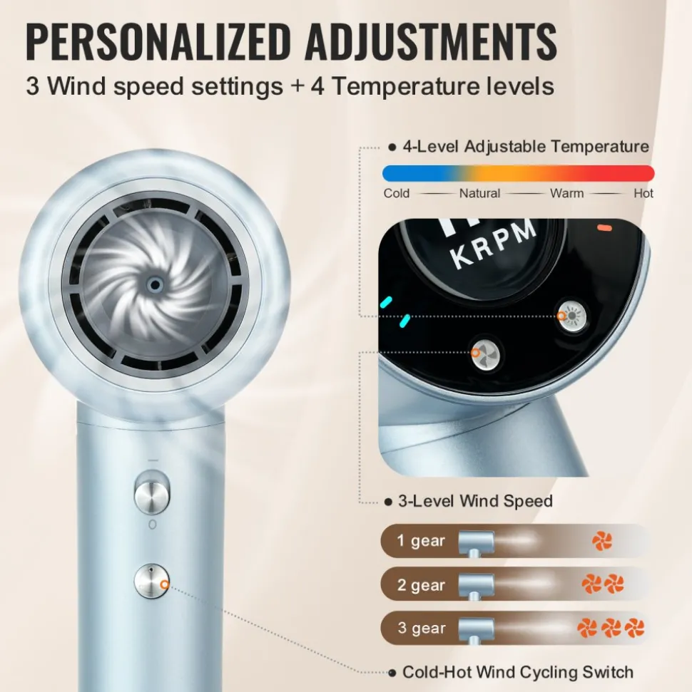 VEVOR High-Speed Hair Dryer with 105,000RPM Brushless Motor, 200 Million Negative Ions Hair Blow Dryer, 4 Temps & 3 Speeds, LCD Display Thermo-Control Hairdryer with Diffuser & Nozzle for Home Travel