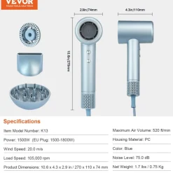 VEVOR High-Speed Hair Dryer with 105,000RPM Brushless Motor, 200 Million Negative Ions Hair Blow Dryer, 4 Temps & 3 Speeds, LCD Display Thermo-Control Hairdryer with Diffuser & Nozzle for Home Travel