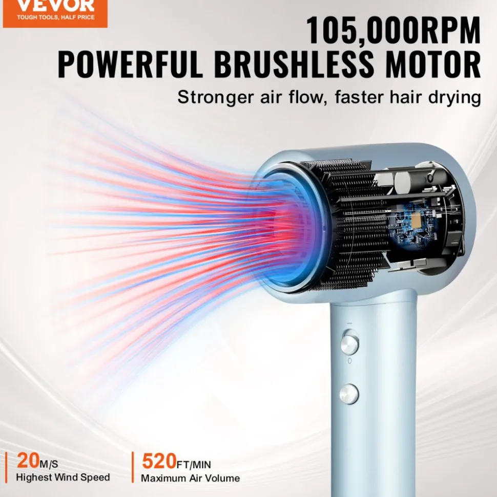 VEVOR High-Speed Hair Dryer with 105,000RPM Brushless Motor, 200 Million Negative Ions Hair Blow Dryer, 4 Temps & 3 Speeds, LCD Display Thermo-Control Hairdryer with Diffuser & Nozzle for Home Travel
