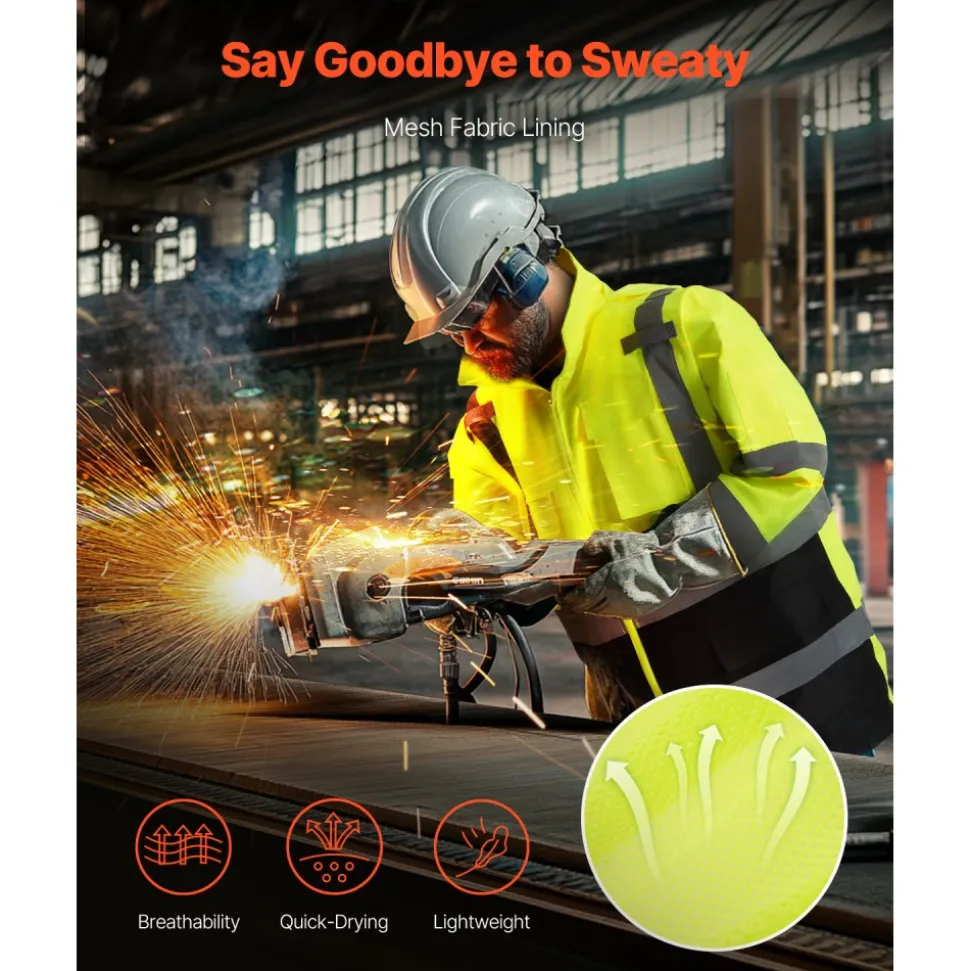 VEVOR High Visibility Reflective Safety Jacket, Waterproof Safety Hoodie, Work Construction Coat with Pockets for Men & Women, Rain Gear Meet ANSI & Class 3, Hi Vis Yellow Coat with Black Bottom, L