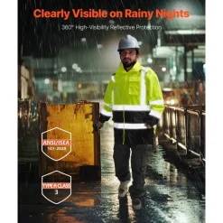 VEVOR High Visibility Reflective Safety Jacket, Waterproof Safety Hoodie, Work Construction Coat with Pockets for Men & Women, Rain Gear Meet ANSI & Class 3, Hi Vis Yellow Coat with Black Bottom, L