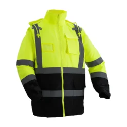 VEVOR High Visibility Reflective Safety Jacket, Waterproof Safety Hoodie, Work Construction Coat with Pockets for Men & Women, Rain Gear Meet ANSI & Class 3, Hi Vis Yellow Coat with Black Bottom, L