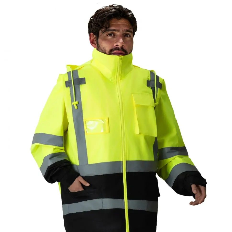 VEVOR High Visibility Reflective Safety Jacket, Waterproof Safety Hoodie, Work Construction Coat with Pockets for Men & Women, Rain Gear Meet ANSI & Class 3, Hi Vis Yellow Coat with Black Bottom, L