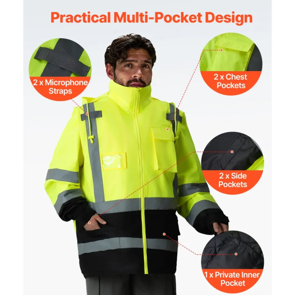 VEVOR High Visibility Reflective Safety Jacket, Waterproof Safety Hoodie, Work Construction Coat with Pockets for Men & Women, Rain Gear Meet ANSI & Class 3, Hi Vis Yellow Coat with Black Bottom, L