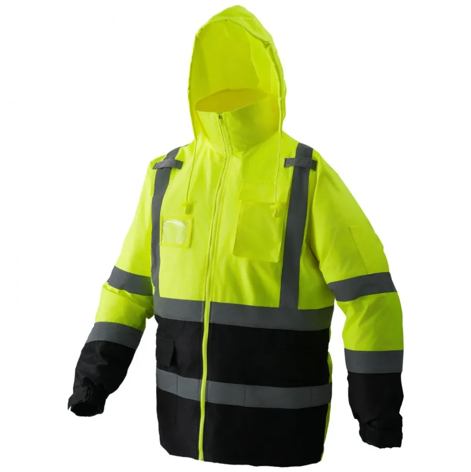 VEVOR High Visibility Reflective Safety Jacket, Waterproof Safety Hoodie, Work Construction Coat with Pockets for Men & Women, Rain Gear Meet ANSI & Class 3, Hi Vis Yellow Coat with Black Bottom, L
