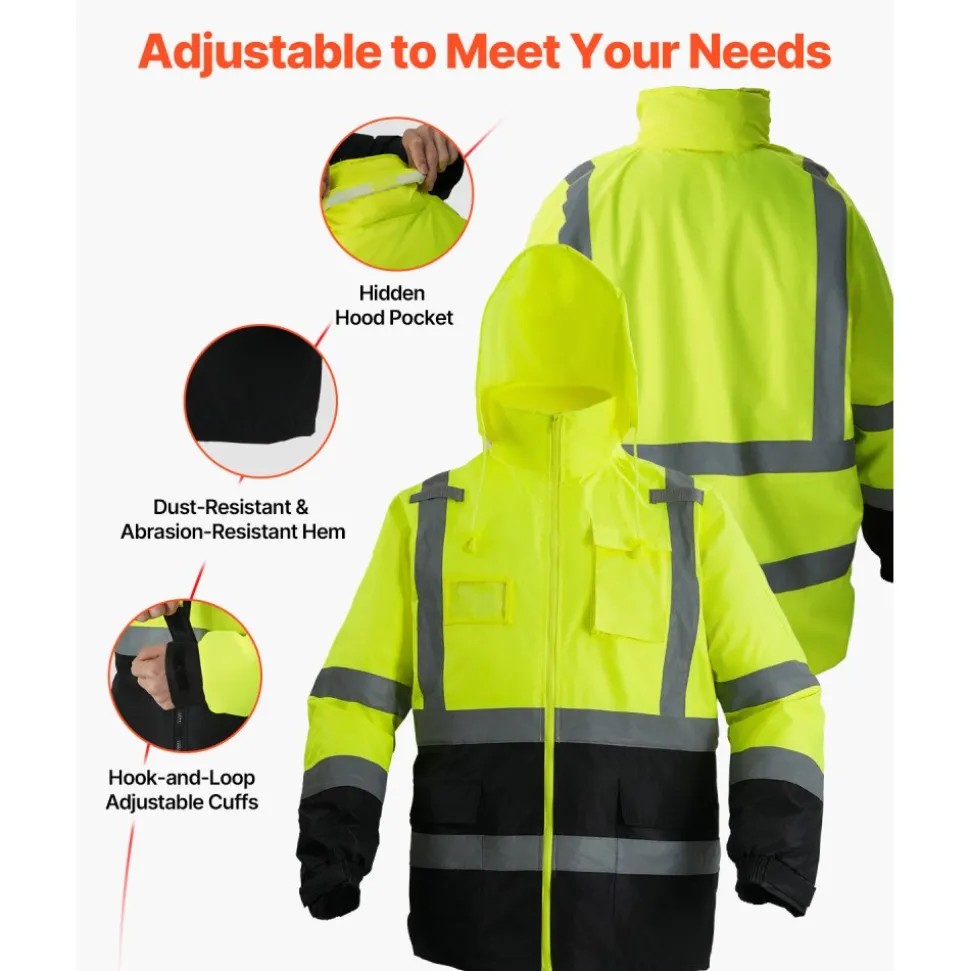 VEVOR High Visibility Reflective Safety Jacket, Waterproof Safety Hoodie, Work Construction Coat with Pockets for Men & Women, Rain Gear Meet ANSI & Class 3, Hi Vis Yellow Coat with Black Bottom, L
