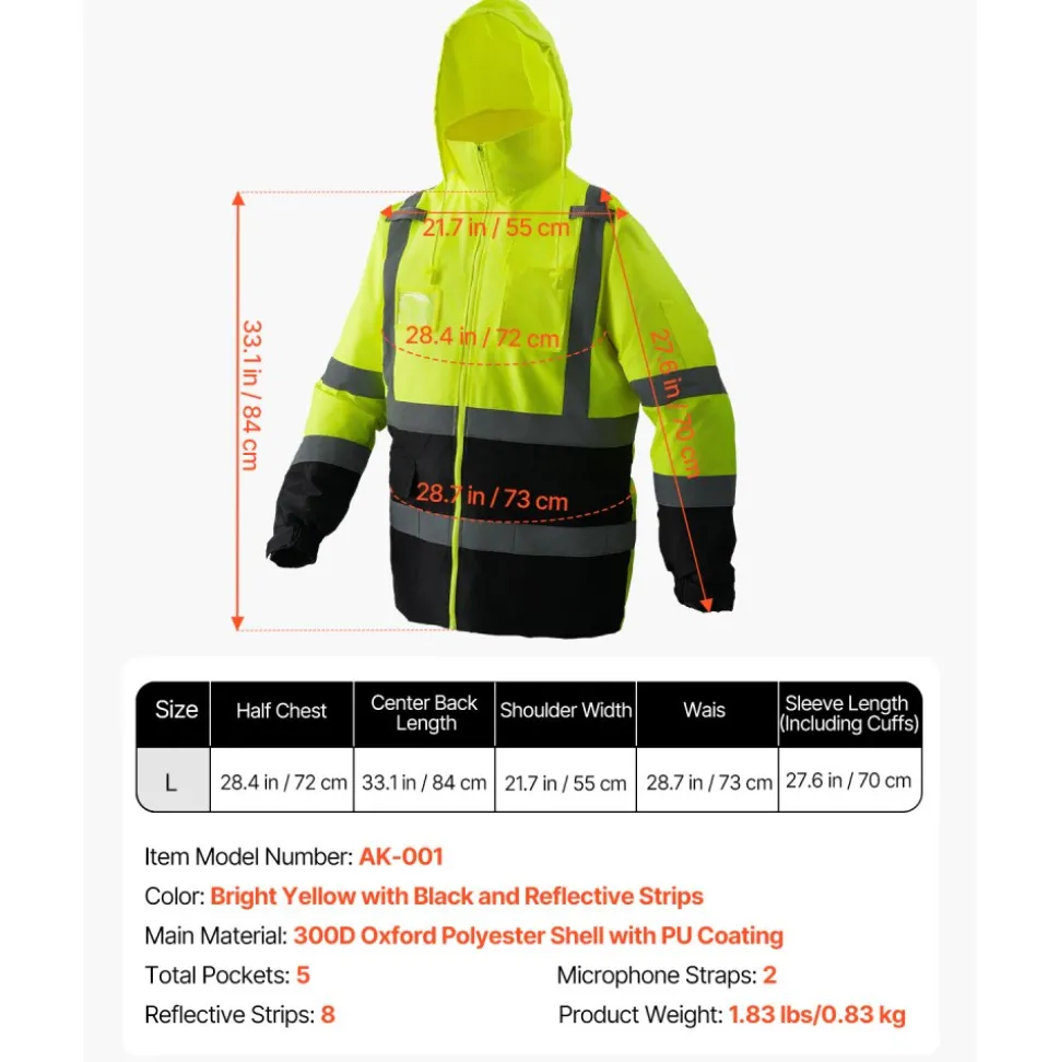 VEVOR High Visibility Reflective Safety Jacket, Waterproof Safety Hoodie, Work Construction Coat with Pockets for Men & Women, Rain Gear Meet ANSI & Class 3, Hi Vis Yellow Coat with Black Bottom, L