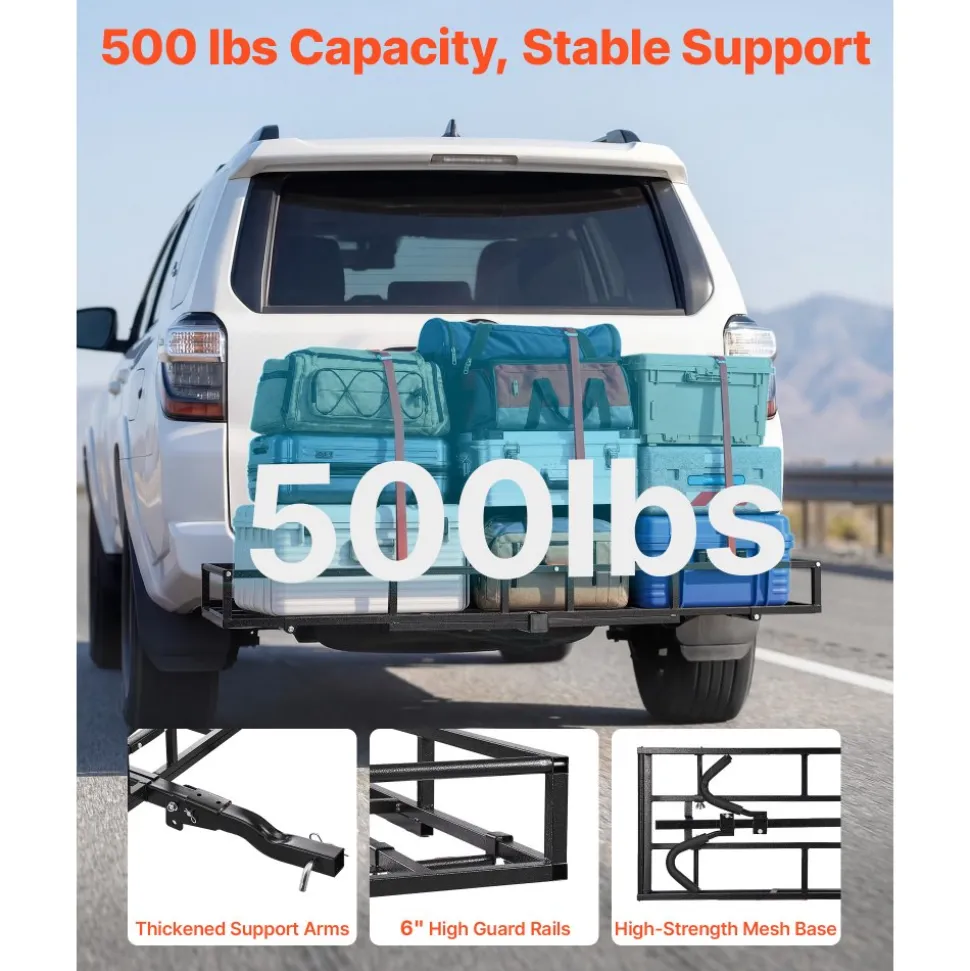 VEVOR Hitch Cargo Carrier Bike Rack, 66" x 20" x 6" Folding Hitch Mount Cargo Carrier for 2 Fat Tire/Mountain Bikes, 500LBS Capacity High-Strength Steel Luggage Basket Fits 2" Receiver for SUV Pickups