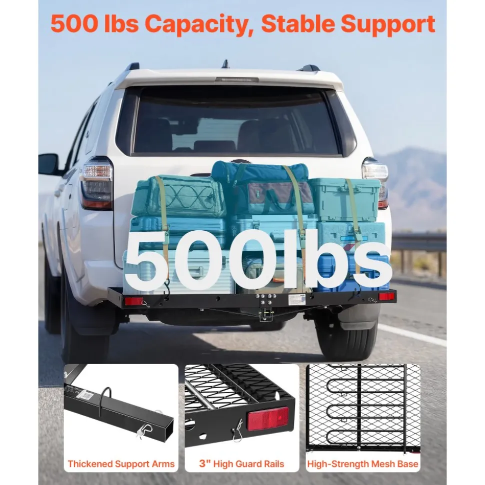 VEVOR Hitch Cargo Carrier with Bike Racks, 62" x 27" x 3" Hitch Mount Cargo Carrier for up to 4 Mountain Bikes, 500LBS Capacity High-Strength Steel Rear Luggage Basket Fits 2" Receiver for SUV Pickups