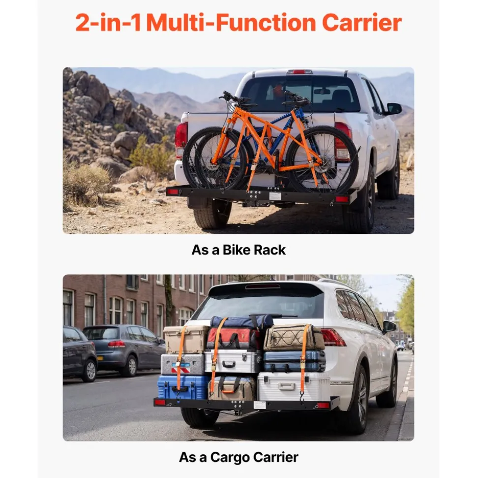 VEVOR Hitch Cargo Carrier with Bike Racks, 62" x 27" x 3" Hitch Mount Cargo Carrier for up to 4 Mountain Bikes, 500LBS Capacity High-Strength Steel Rear Luggage Basket Fits 2" Receiver for SUV Pickups