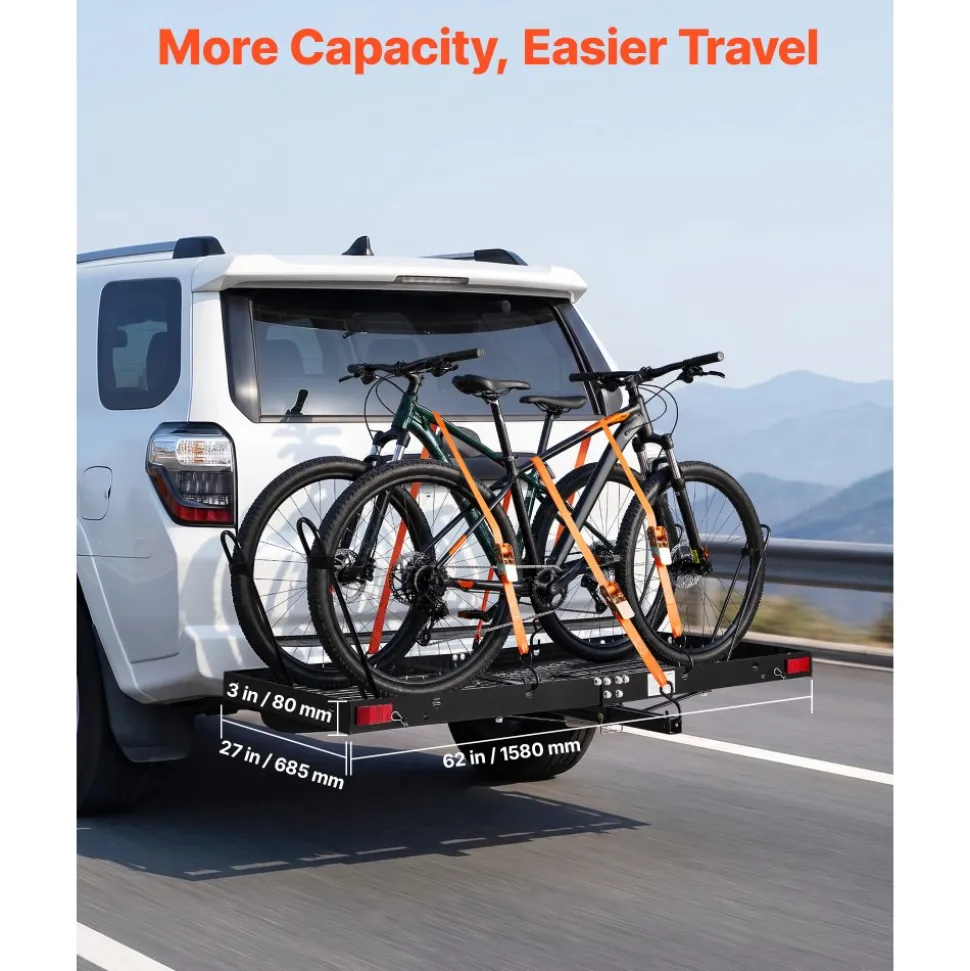 VEVOR Hitch Cargo Carrier with Bike Racks, 62" x 27" x 3" Hitch Mount Cargo Carrier for up to 4 Mountain Bikes, 500LBS Capacity High-Strength Steel Rear Luggage Basket Fits 2" Receiver for SUV Pickups
