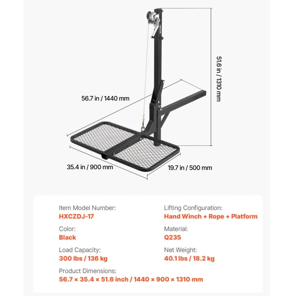 VEVOR Hitch Deer Hoist with Lifting System Platform, 300 lbs Load Capacity, Game Hoist Winch Lift with 2-inch Receiver, 360-Degree Swivel Shaft & Foldable, Hitch-Mounted Deer Hanger for Moving Game