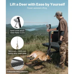 VEVOR Hitch Deer Hoist with Lifting System Platform, 300 lbs Load Capacity, Game Hoist Winch Lift with 2-inch Receiver, 360-Degree Swivel Shaft & Foldable, Hitch-Mounted Deer Hanger for Moving Game