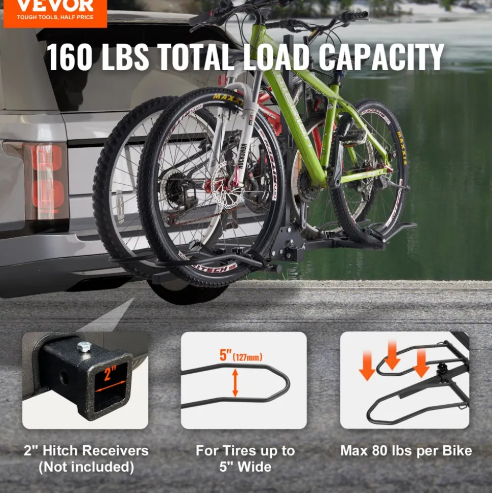 VEVOR Hitch Mount Bike Rack, 2-Bike Platform Style, 160 LBS Max Capacity Bike Rack Hitch for 2-inch Receiver, Titling and Folding Bike Carrier with Tires up to 5" Wide, for Car, SUV, Truck, RV