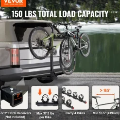 VEVOR Hitch Mount Bike Rack, 4-Bike Carrier Rack, 150 LBS Capacity Bike Rack Hitch for 2-inch Receiver, Titling and Folding Bike Carrier with No-Wobble U Bolt and Strap, for Car, SUV, Truck, RV