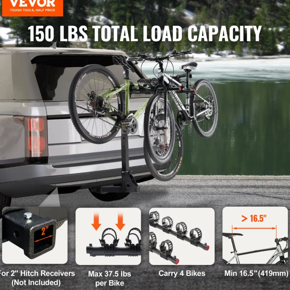 VEVOR Hitch Mount Bike Rack, 4-Bike Carrier Rack, 150 LBS Capacity Bike Rack Hitch for 2-inch Receiver, Titling and Folding Bike Carrier with No-Wobble U Bolt and Strap, for Car, SUV, Truck, RV