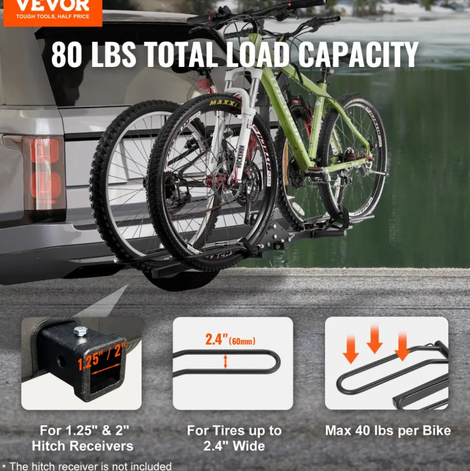 VEVOR Hitch Mount Bike Rack, 2-Bike Platform Style, 80 LBS Max Capacity Bike Rack Hitch for 1.25-/2-inch Receiver, Titling and Folding Bike Carrier with Tires up to 2.4" Wide, for Car, SUV, Truck, RV