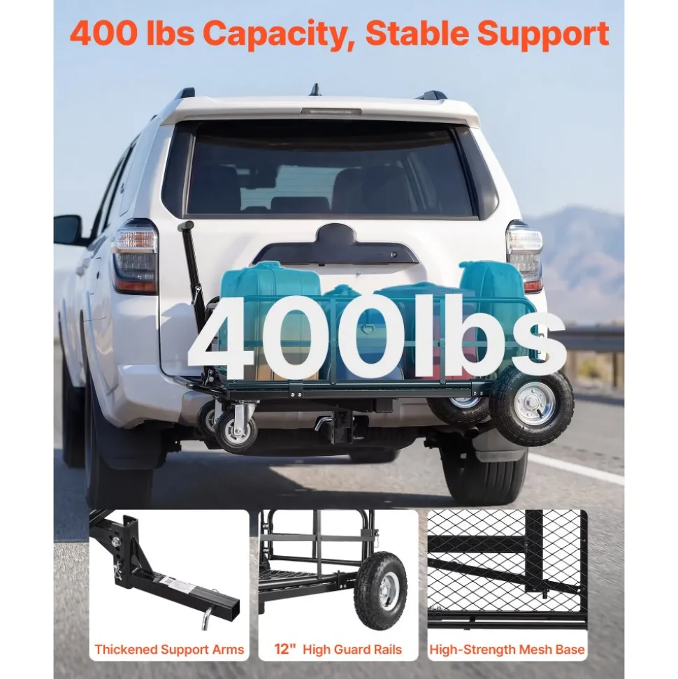 VEVOR Hitch Mount Cargo Carrier on Wheels, 36.2" x 21.3" x 11.8", 2-in-1 Folding Rear Luggage Rack Basket & Cargo Cart with Hitch Stabilizer, Fits 2" Receiver for SUV Pickups, 400LBS Load Capacity
