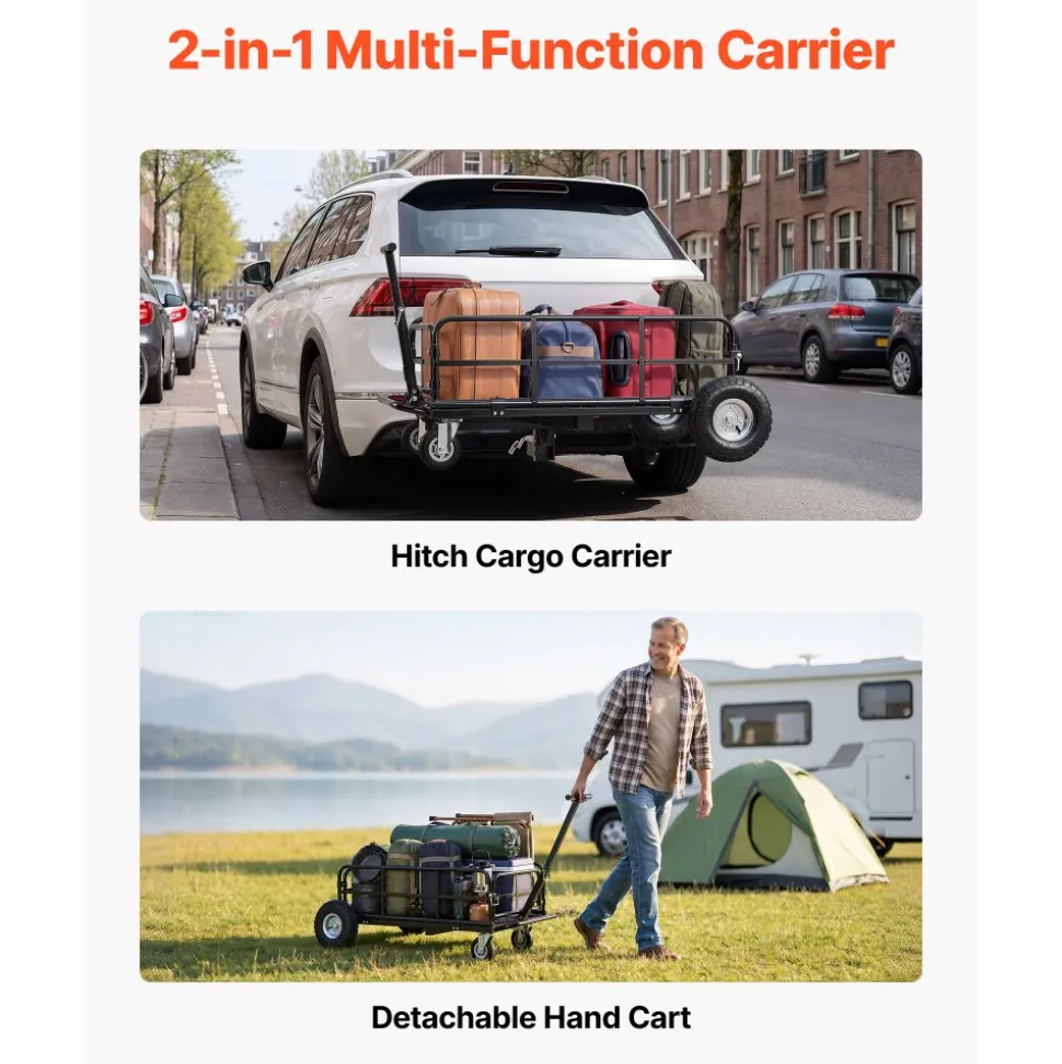 VEVOR Hitch Mount Cargo Carrier on Wheels, 36.2" x 21.3" x 11.8", 2-in-1 Folding Rear Luggage Rack Basket & Cargo Cart with Hitch Stabilizer, Fits 2" Receiver for SUV Pickups, 400LBS Load Capacity