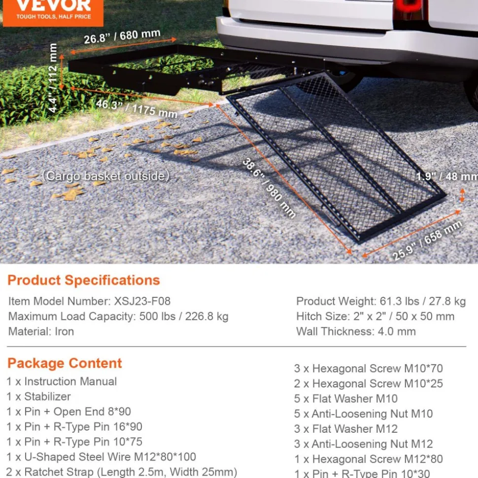 VEVOR Hitch Mount Cargo Carrier, 45.3" x 25.6" Iron Hitch Cargo Rack with Folding Ramp, Hitch Rack Basket with Stabilizer and Straps, 500LBS Mobility Scooter Carrier Fit 2" Hitch Receiver