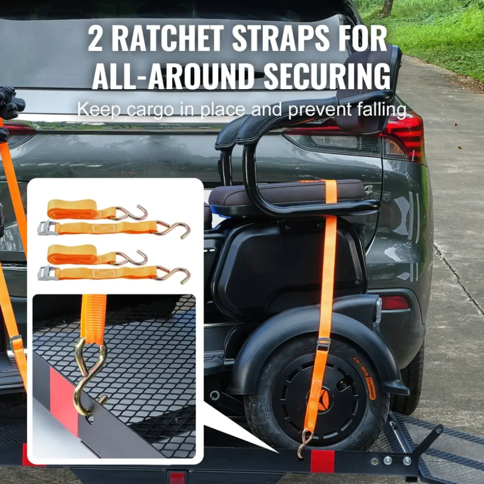 VEVOR Hitch Mount Cargo Carrier, 45.3" x 25.6" Iron Hitch Cargo Rack with Folding Ramp, Hitch Rack Basket with Stabilizer and Straps, 500LBS Mobility Scooter Carrier Fit 2" Hitch Receiver