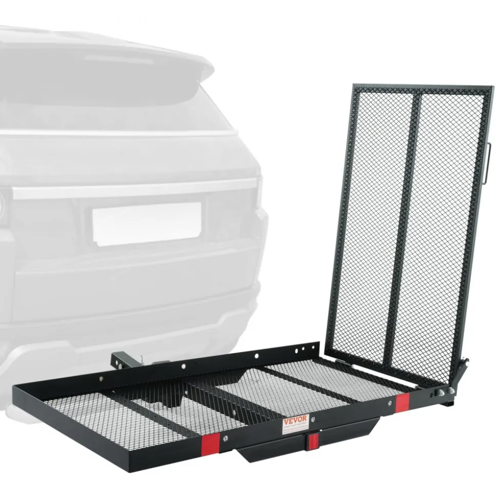 VEVOR Hitch Mount Cargo Carrier, 45.3" x 25.6" Iron Hitch Cargo Rack with Folding Ramp, Hitch Rack Basket with Stabilizer and Straps, 500LBS Mobility Scooter Carrier Fit 2" Hitch Receiver
