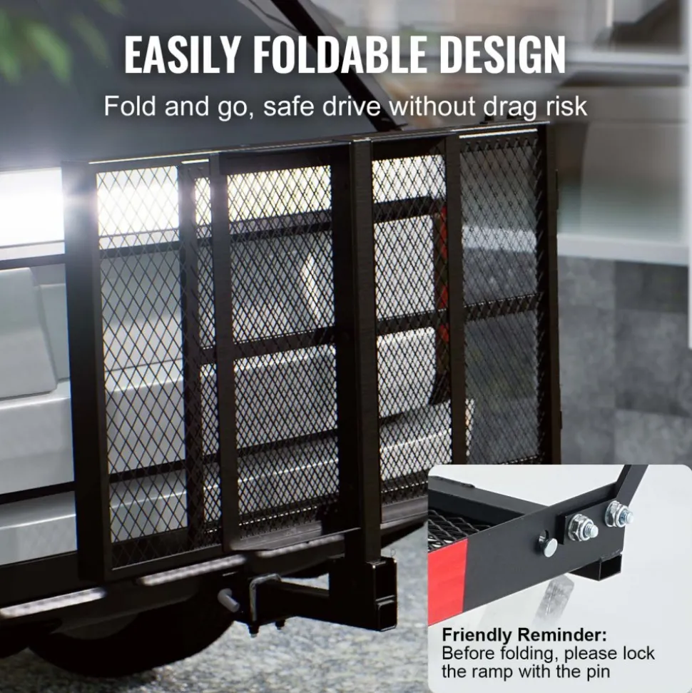 VEVOR Hitch Mount Cargo Carrier, 45.3" x 25.6" Iron Hitch Cargo Rack with Folding Ramp, Hitch Rack Basket with Stabilizer and Straps, 500LBS Mobility Scooter Carrier Fit 2" Hitch Receiver