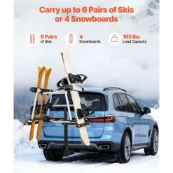 VEVOR Hitch Mounted Ski & Snowboard Rack, Fits 2-Inch Receiver, Carries up to 6 Pairs of Skis or 4 Snowboards, Hitch-Mounted Rack for Car with Key Lock, Security Strap, Tilt Access, Rubber Padding