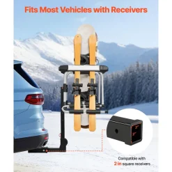 VEVOR Hitch Mounted Ski & Snowboard Rack, Fits 2-Inch Receiver, Carries up to 6 Pairs of Skis or 4 Snowboards, Hitch-Mounted Rack for Car with Key Lock, Security Strap, Tilt Access, Rubber Padding