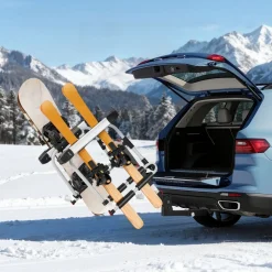 VEVOR Hitch Mounted Ski & Snowboard Rack, Fits 2-Inch Receiver, Carries up to 6 Pairs of Skis or 4 Snowboards, Hitch-Mounted Rack for Car with Key Lock, Security Strap, Tilt Access, Rubber Padding