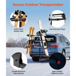 VEVOR Hitch Mounted Ski & Snowboard Rack, Fits 2-Inch Receiver, Carries up to 6 Pairs of Skis or 4 Snowboards, Hitch-Mounted Rack for Car with Key Lock, Security Strap, Tilt Access, Rubber Padding