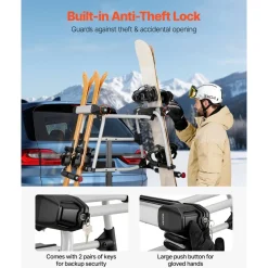 VEVOR Hitch Mounted Ski & Snowboard Rack, Fits 2-Inch Receiver, Carries up to 6 Pairs of Skis or 4 Snowboards, Hitch-Mounted Rack for Car with Key Lock, Security Strap, Tilt Access, Rubber Padding