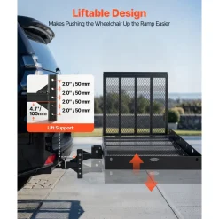 VEVOR Hitch Mount Wheelchair Carrier Height Adjustable, 500LBS Steel Mobility Scooter Carrier Cargo Basket with Double-Folding Ramp & Stabilizer, Fits 2