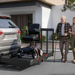 VEVOR Hitch Mount Wheelchair Carrier Height Adjustable, 500LBS Steel Mobility Scooter Carrier Cargo Basket with Double-Folding Ramp & Stabilizer, Fits 2