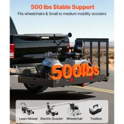 VEVOR Hitch Mount Wheelchair Carrier Height Adjustable, 500LBS Steel Mobility Scooter Carrier Cargo Basket with Double-Folding Ramp & Stabilizer, Fits 2