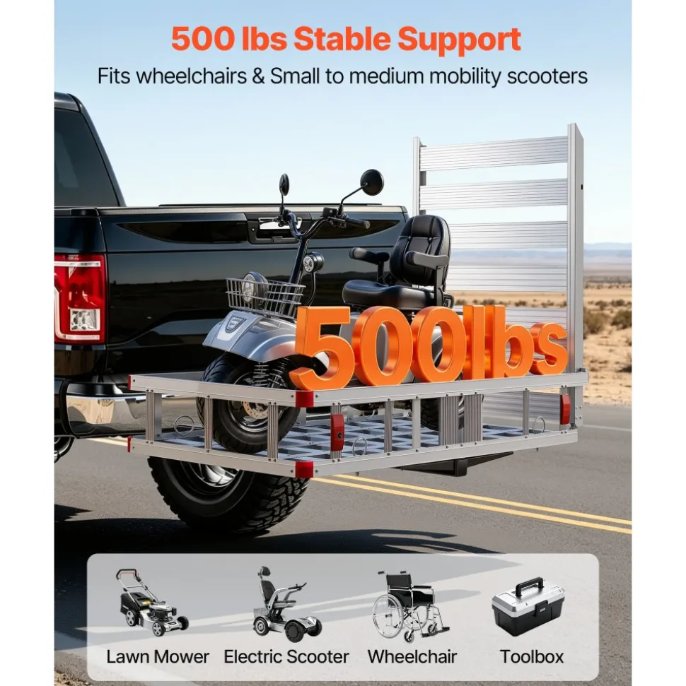 VEVOR Hitch Mount Wheelchair Carrier Height Adjustable, 500LBS Steel Mobility Scooter Carrier Cargo Basket with Folding Ramp & Stabilizer Kit, Fits 2" Hitch Receiver for Truck SUV Car, 48" x 28"